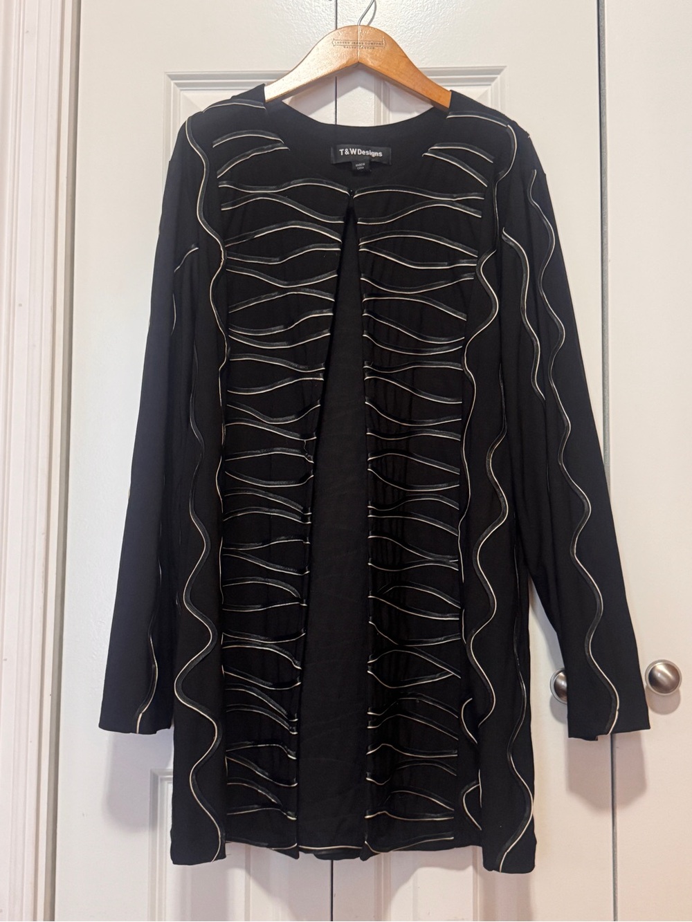 T&W Designs XL Black Ribbon Trim Open Front Art Wear Cardigan Jacket